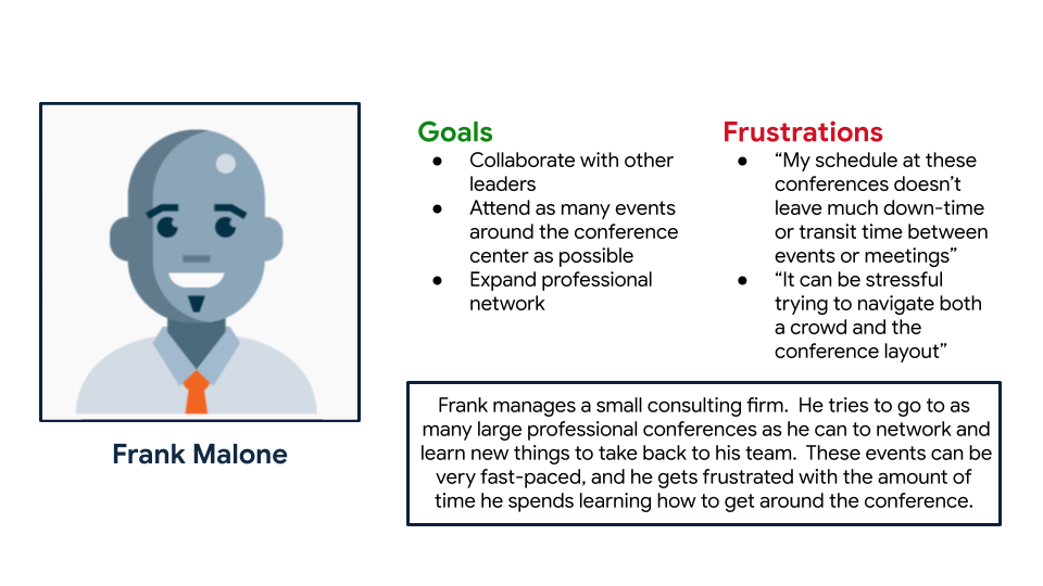 Frank Malone: a manager visiting a professional conference who needs to navigate from event to event quickly.