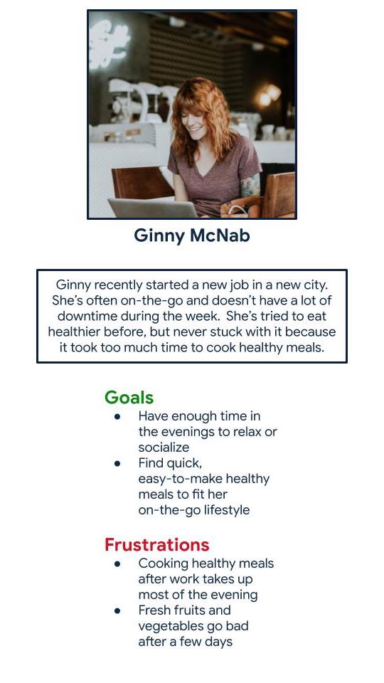 Ginny McNab: a young professional who needs a way to cook nutritious meals faster because she doesn’t want to spend all her time after work cooking.